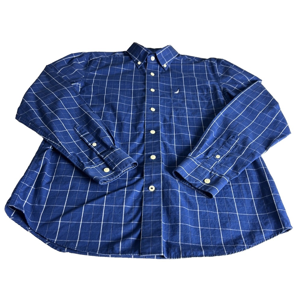 Nautica Mens Shirt‎ Size Medium Button Up Long Sleeve 100% Cotton Check Blue A38